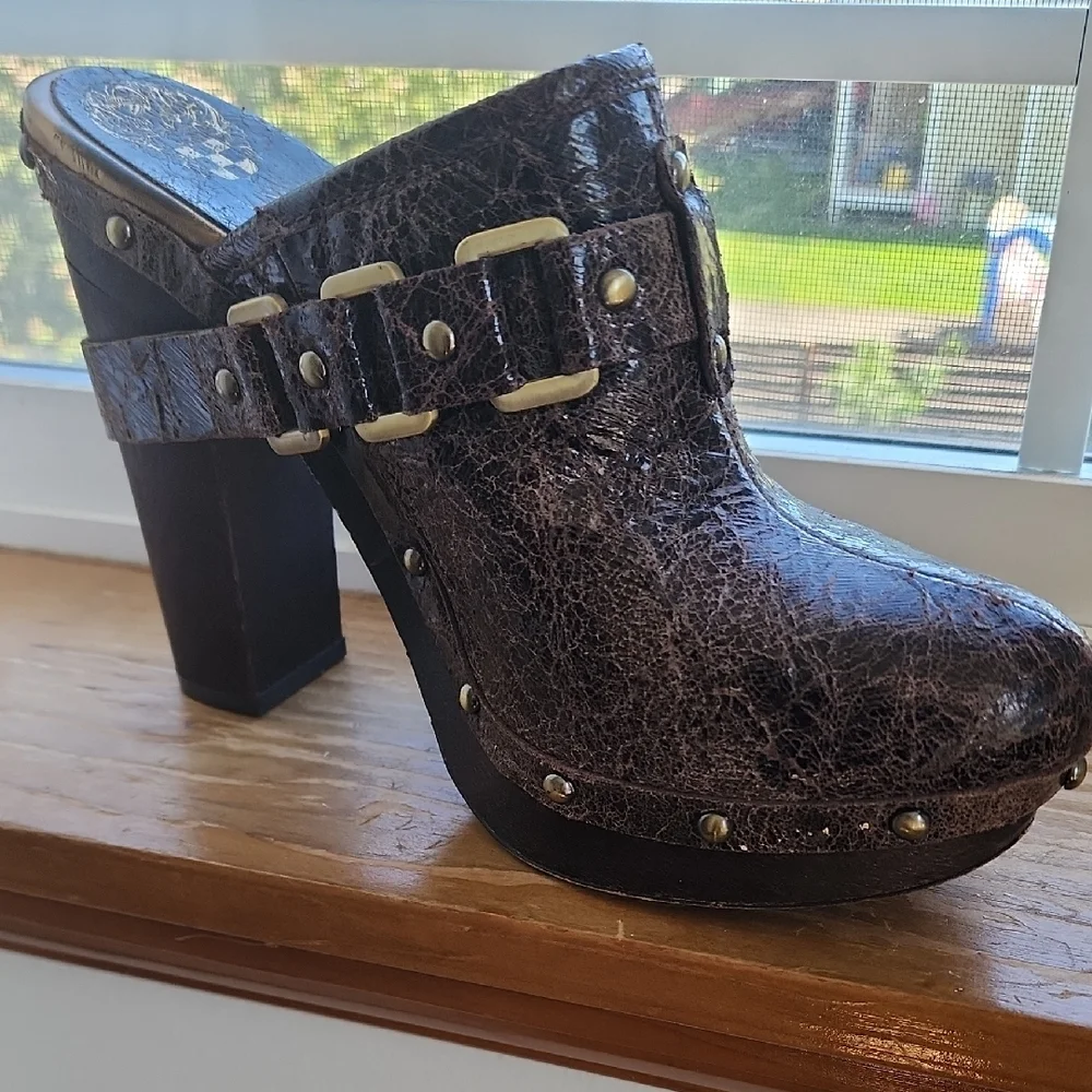 Vince Camuto Black Brown Crackle Leather Studded Platform Mules Grunge Y2K - Picture 8 of 16